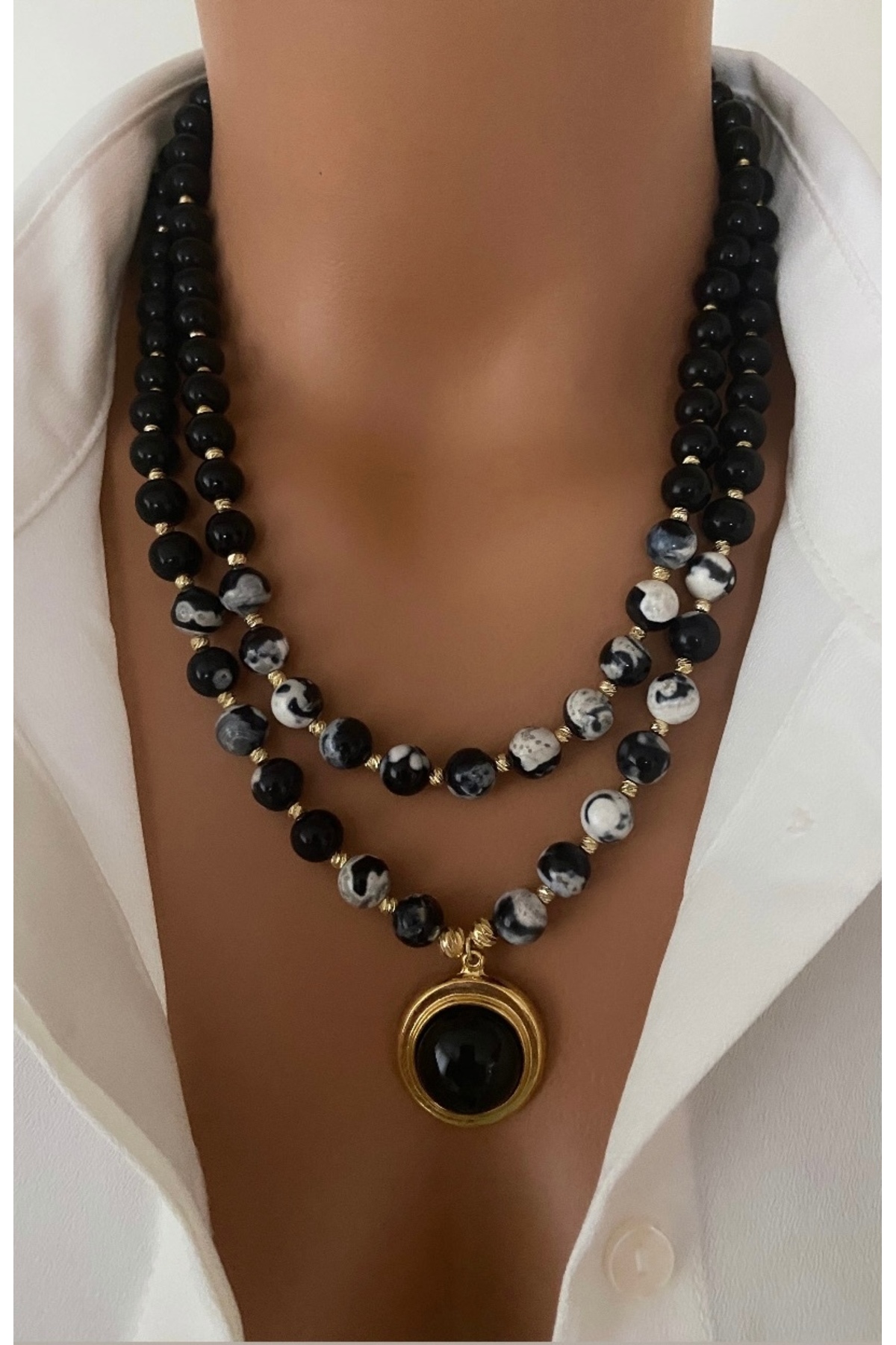 New Model - Natural Stone Black and White Variegated Agate 8 mm Custom Design Women's Unified Necklace