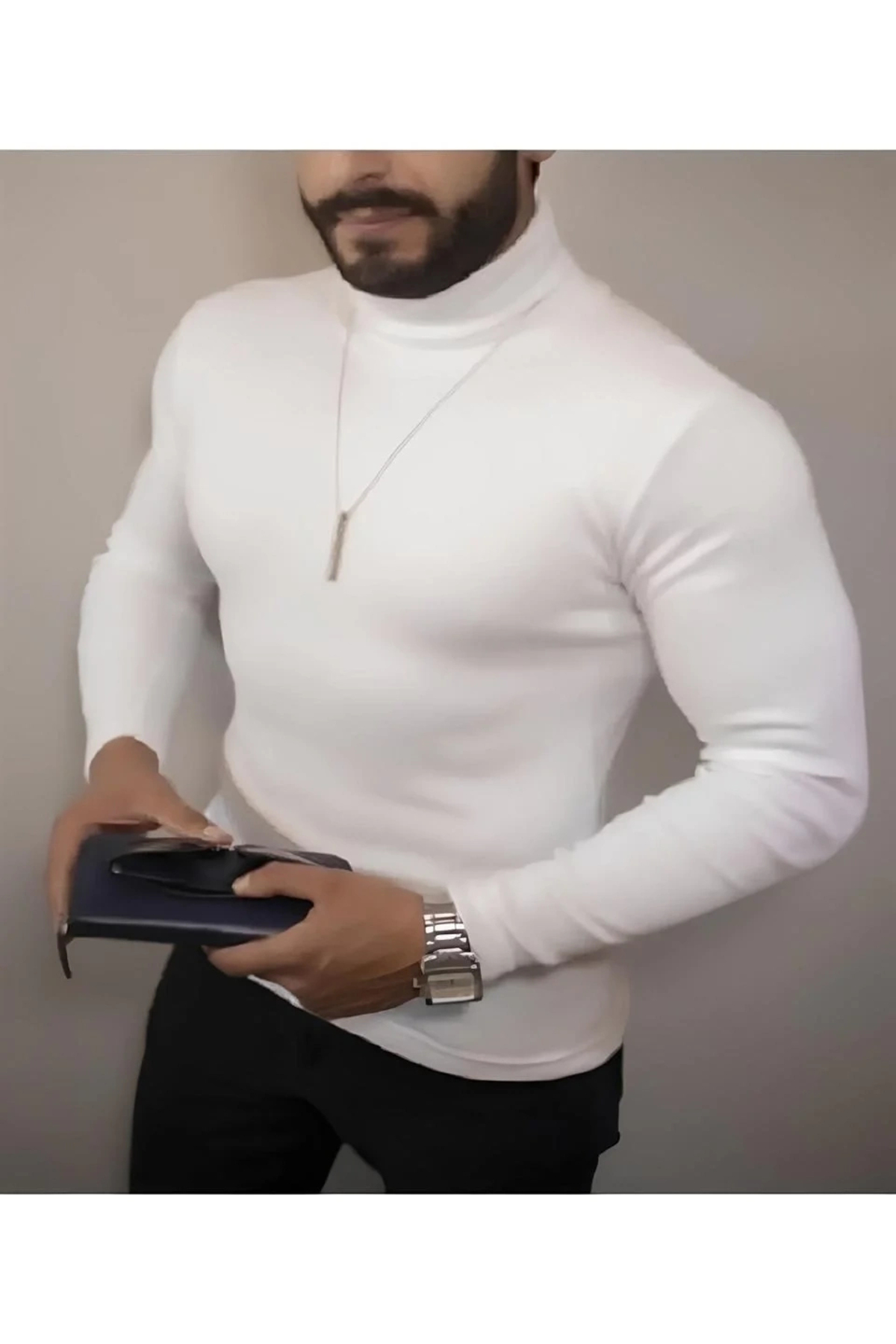 mzpkartan Erkek Kaşkorse Boğazlı Full Likralı Fitilli Body Kazak - Beyaz