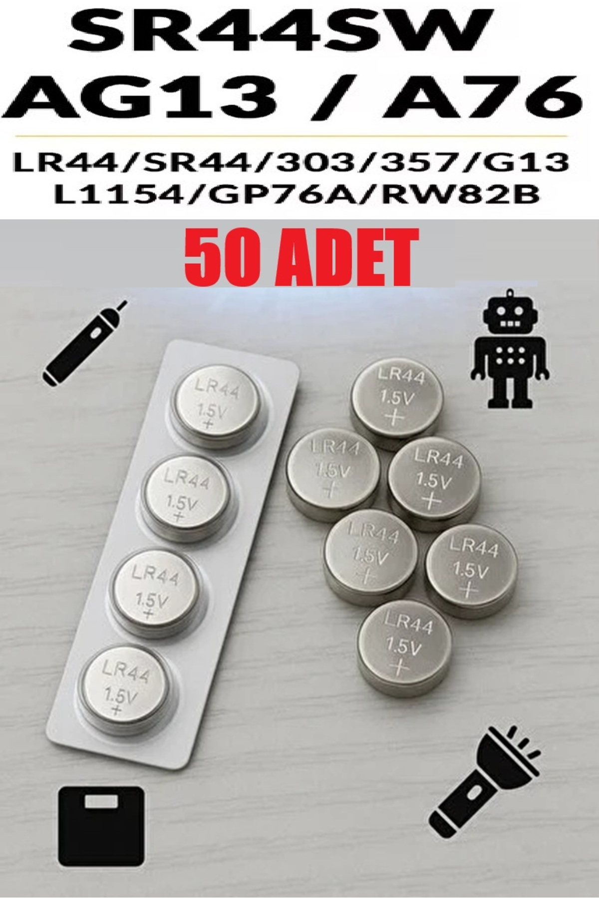 50 Adet 50'Li AG13/LR44/A76/357A Düğme Pil 1,5 V Saat Lazer Oyuncak Pili Alkalin Düğme Pil