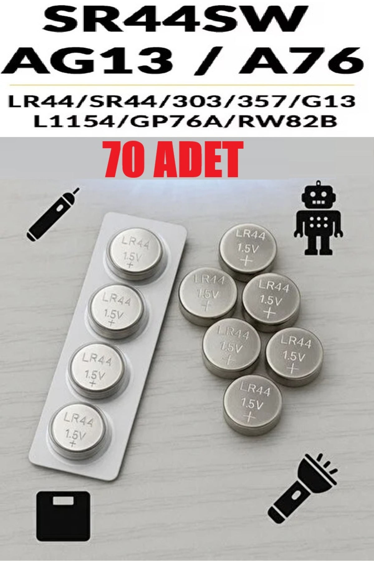 70 Adet 70'Li AG13/LR44/A76/357A Düğme Pil 1,5 V Saat Lazer Oyuncak Pili Alkalin Düğme Pil