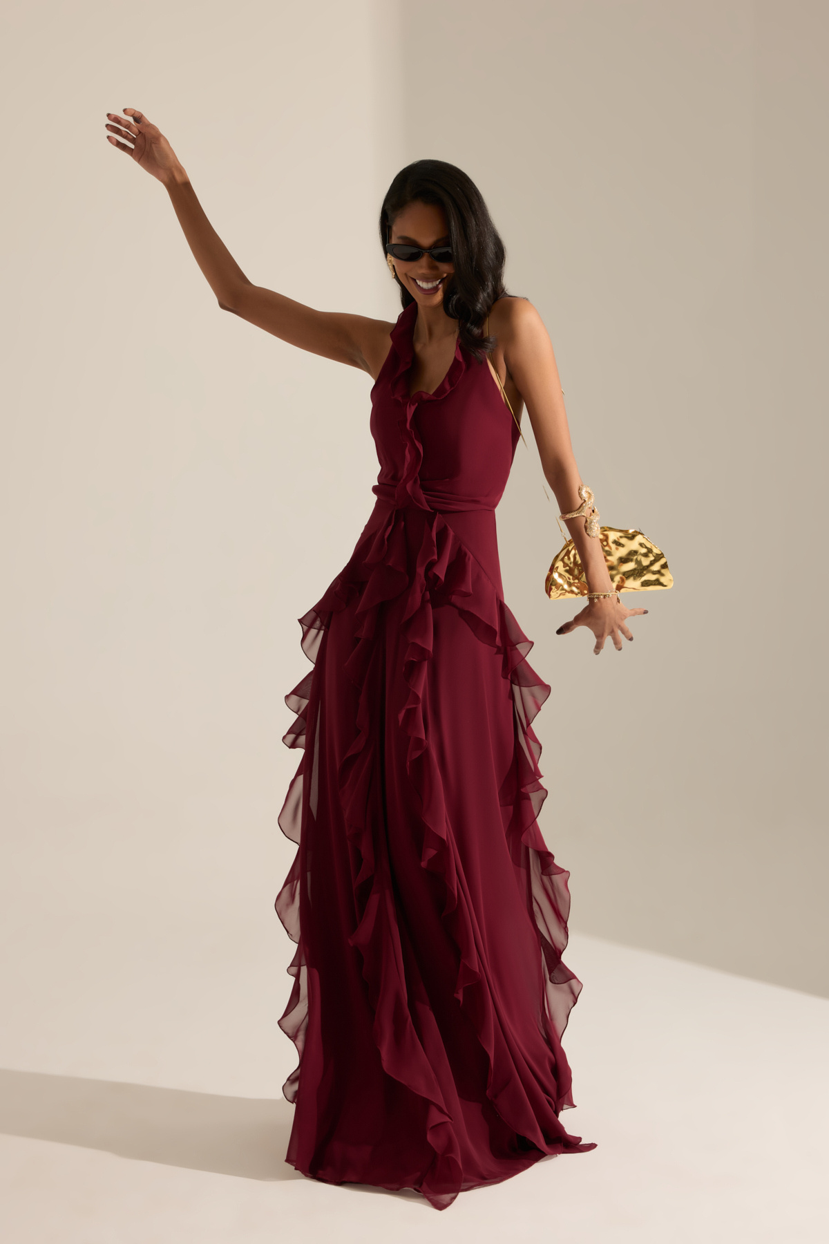 Mattina Burgundy Frilly Chiffon Dress