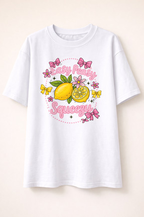 STuran design Easy Peasy Squeezy Baskılı Beyaz Basic Tişört-Pamuklu Günlük Ku...