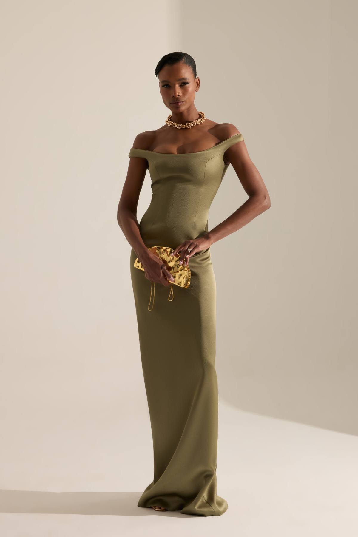 Marsala Khaki Satin Evening Dress