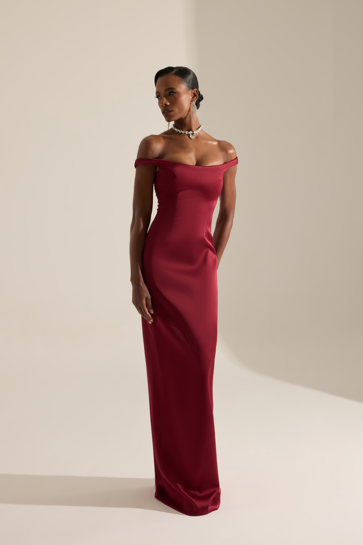 Marsala Burgundy Satin Evening Dress