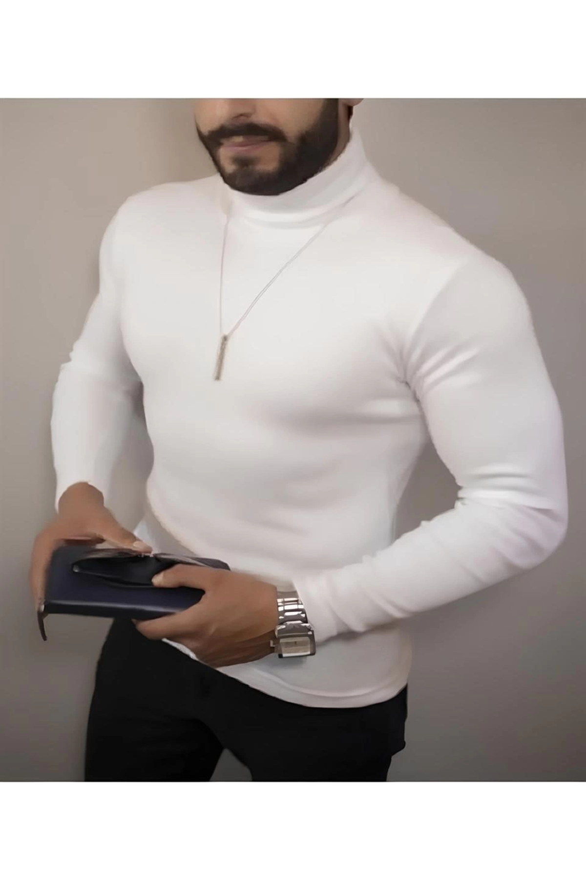 IVORA WEAR Erkek Kaşkorse Boğazlı Full Likralı Fitilli Body Kazak - Beyaz