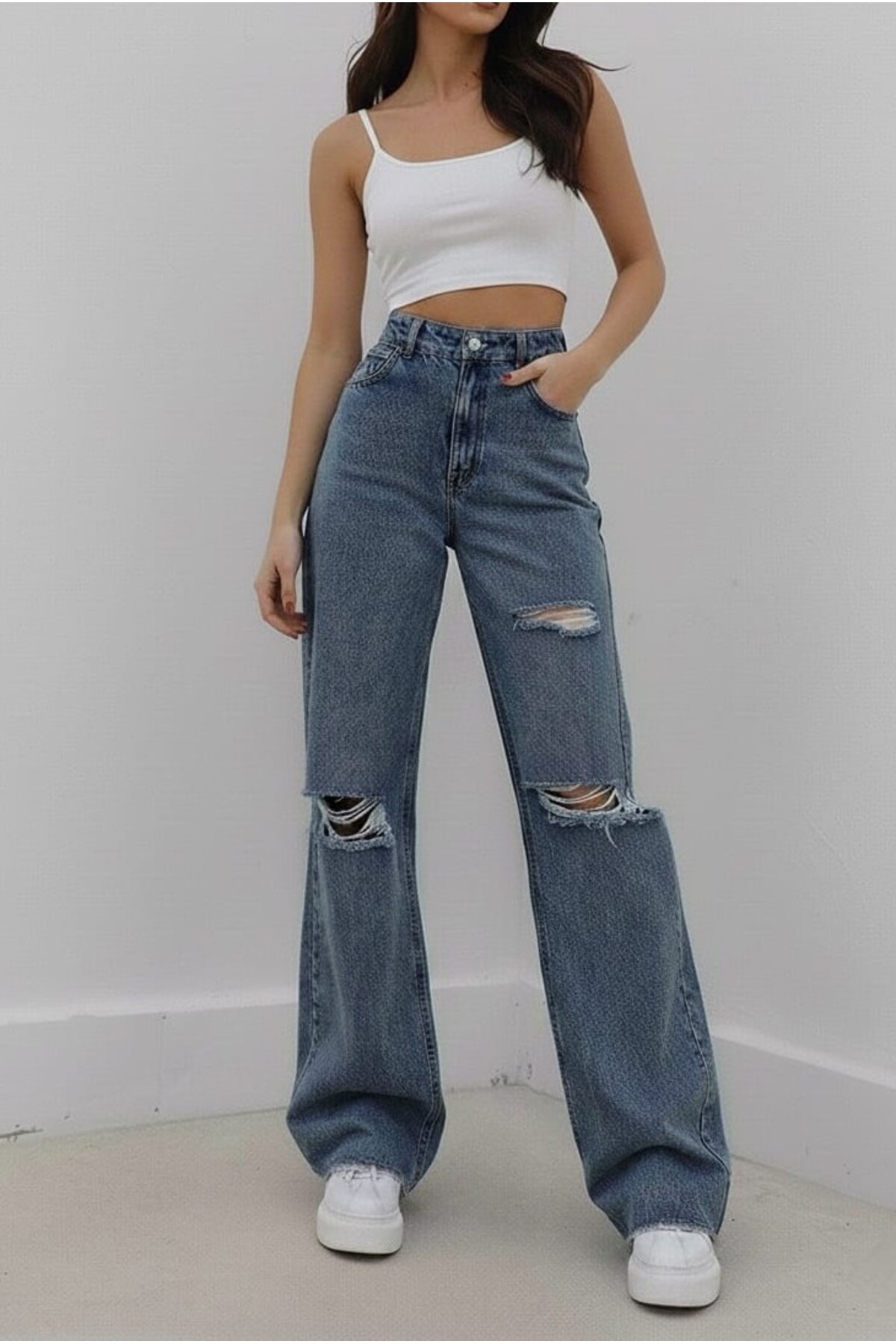 NWC Lina 90's material elastic Pantaloni de blugi largi pentru femei, albastr...