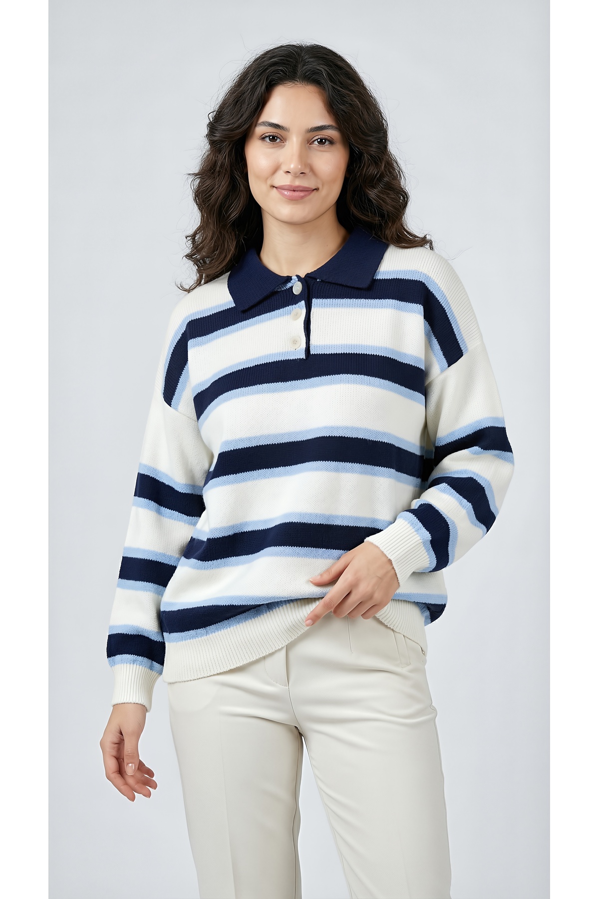 kiwi giyim Polo Yaka Düğmeli Çizgili Yumuşak Dokulu Oversize Kadın Triko Kazak - Mavi/Lacivert