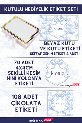 Netsan Etiket Mavi Fiyonk ve Fil Desen Çikolata Etiketi ve Kutu Seti