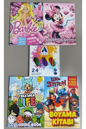 ada çanta kırtasiye 4 adet stickerli boyama kitabı ve 24'lü adel kuru boya ka...