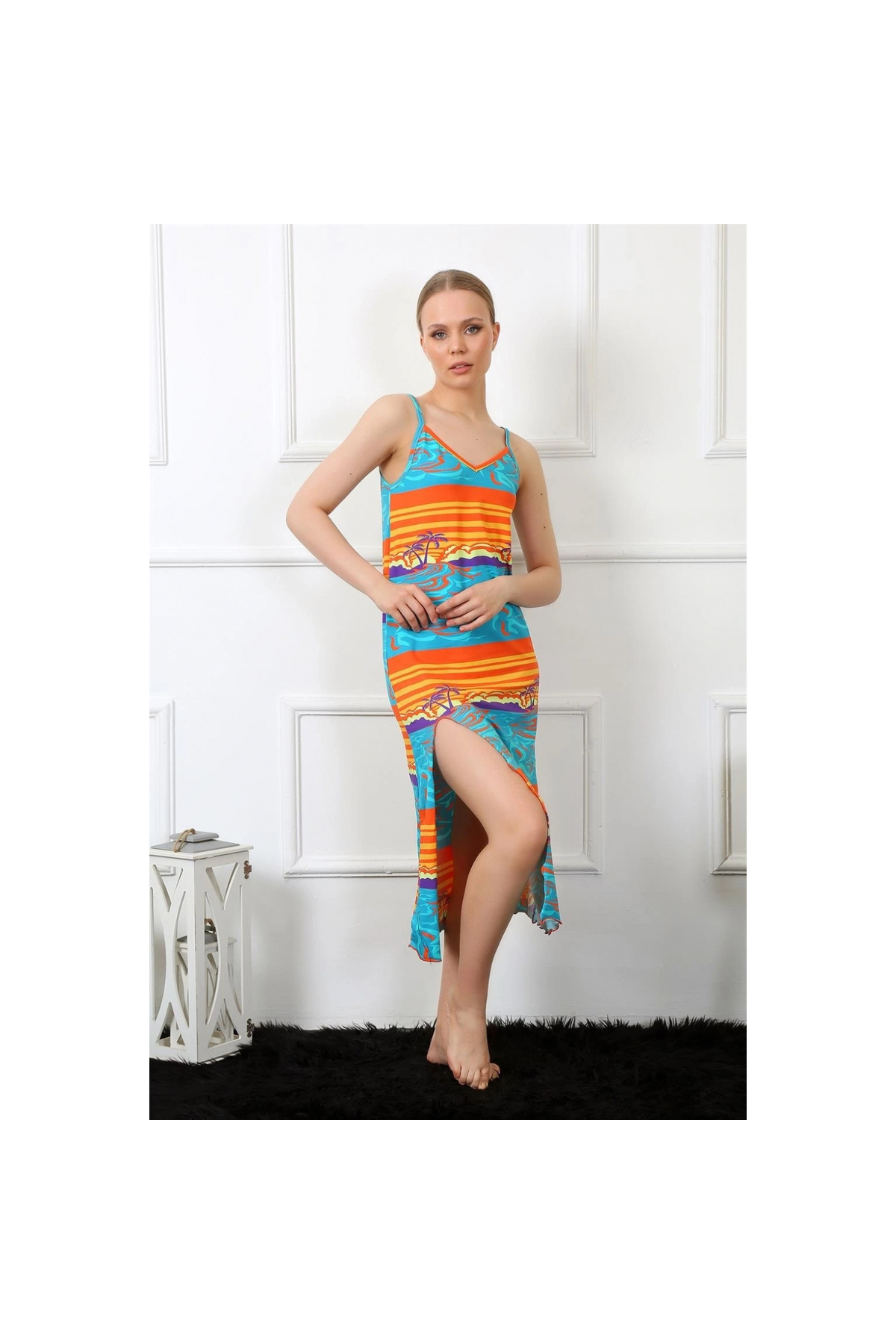 Narnuga MİRAY- Kadın İp Askılı Uzun Gecelik Mavi