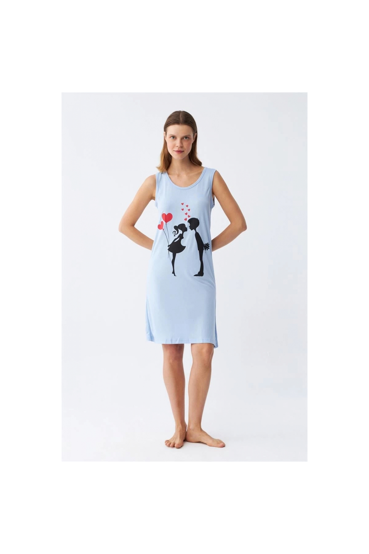 Narnuga MİRAY- Kadın Kalın Askılı Penye Diz Üstü Mavi Gecelik