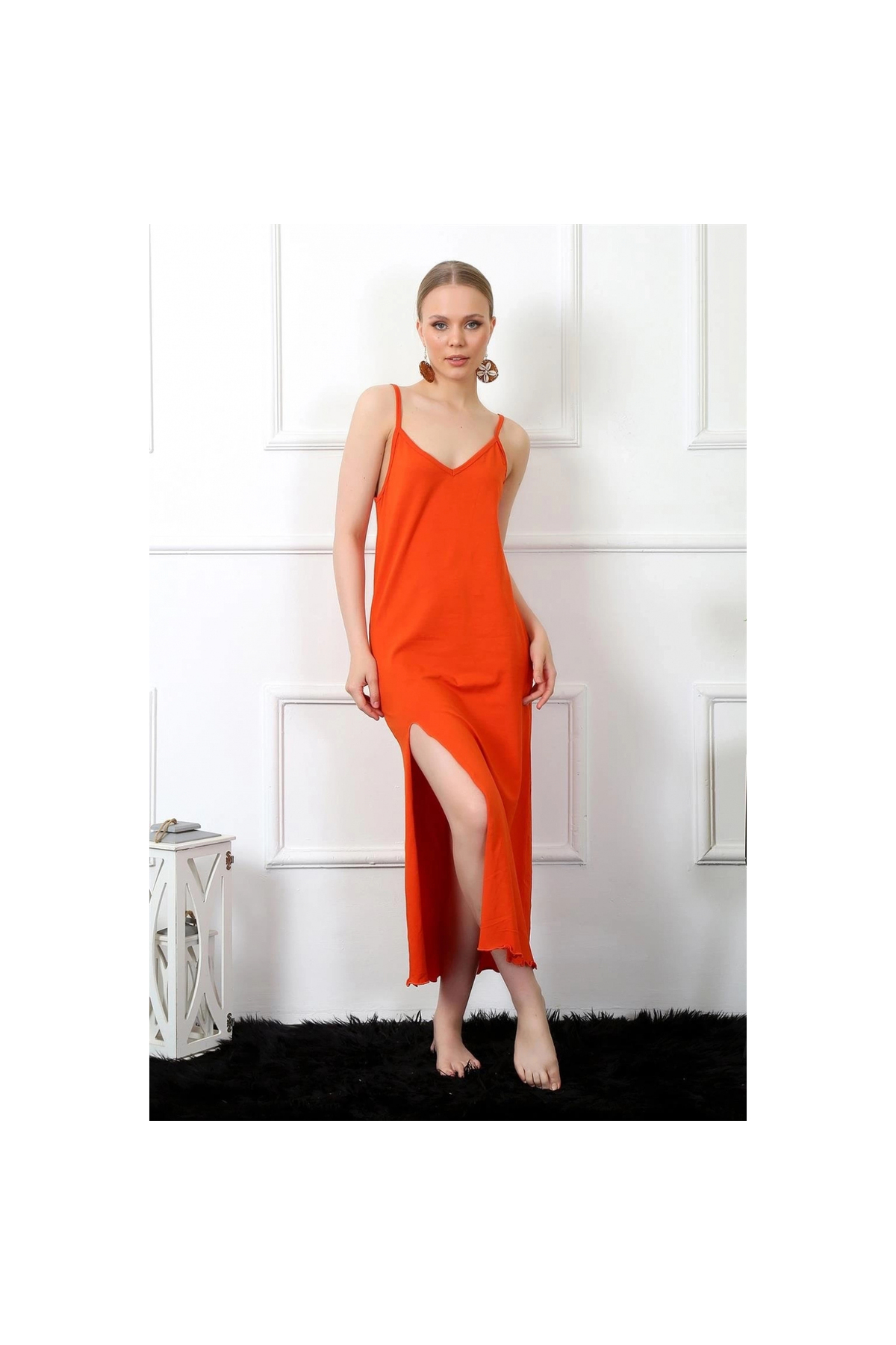 Narnuga MİRAY- Kadın İp Askılı Turuncu Uzun Gecelik
