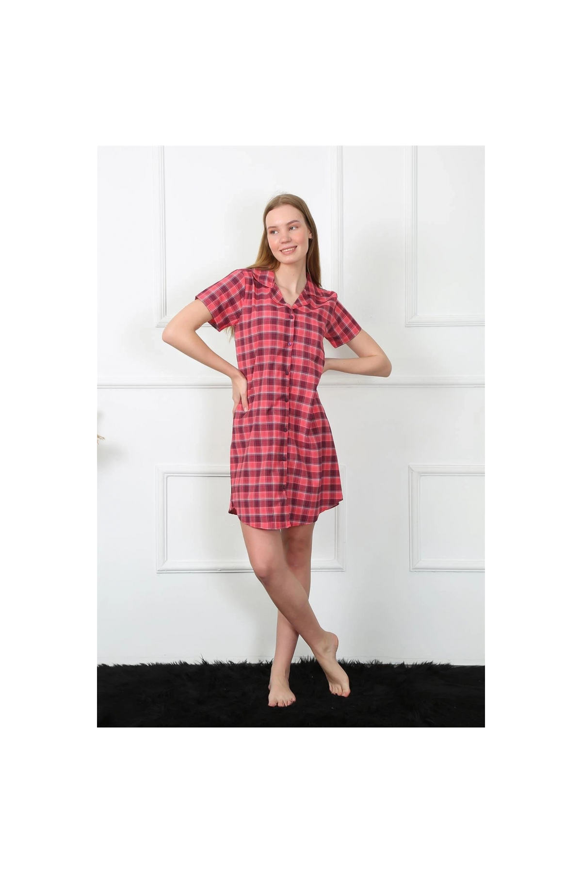 Narnuga MİRAY- Kadın Dokuma Kumaş Önden Düğmeli Kırmızı Tunik Gecelik