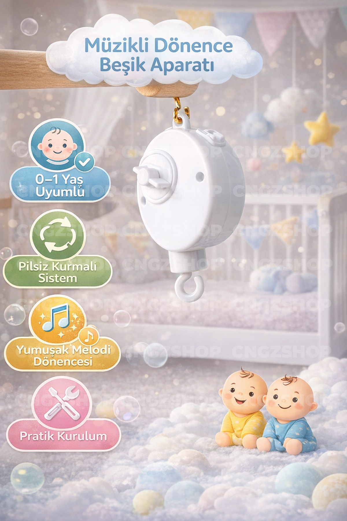 CNGZSHOP Müzikli Dönence Beşik Aparatı – Pilsiz Kurmalı fotoğrafı 3 (önizleme)