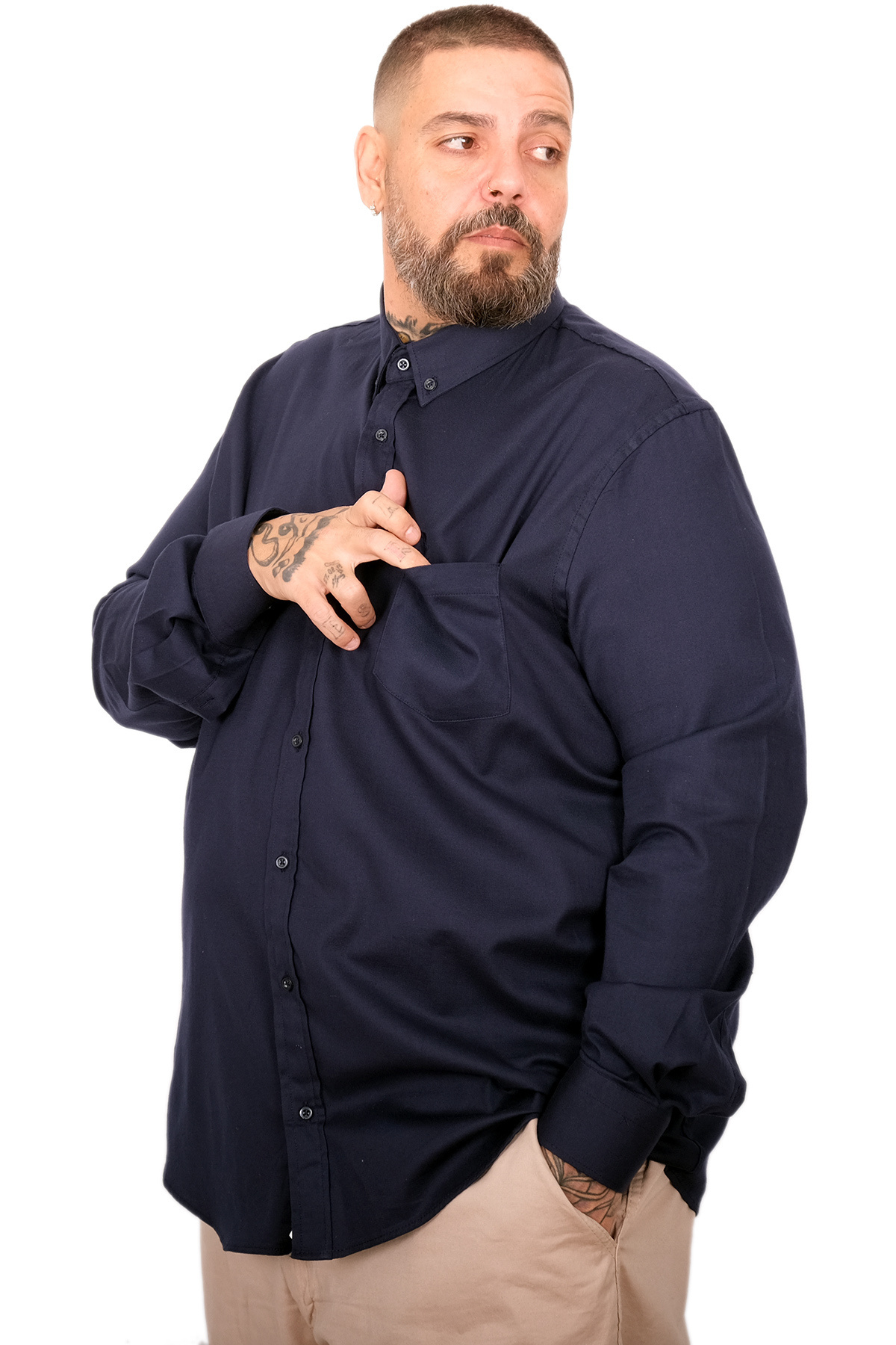 ModeXL Mode XL Büyük Beden Erkek Gabardin Gömlek Cepli 25604 lacivert görsel 2