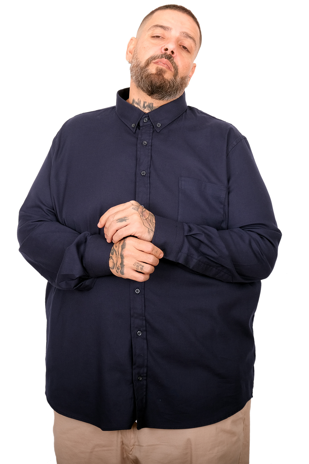 ModeXL Mode XL Büyük Beden Erkek Gabardin Gömlek Cepli 25604 lacivert görsel 3