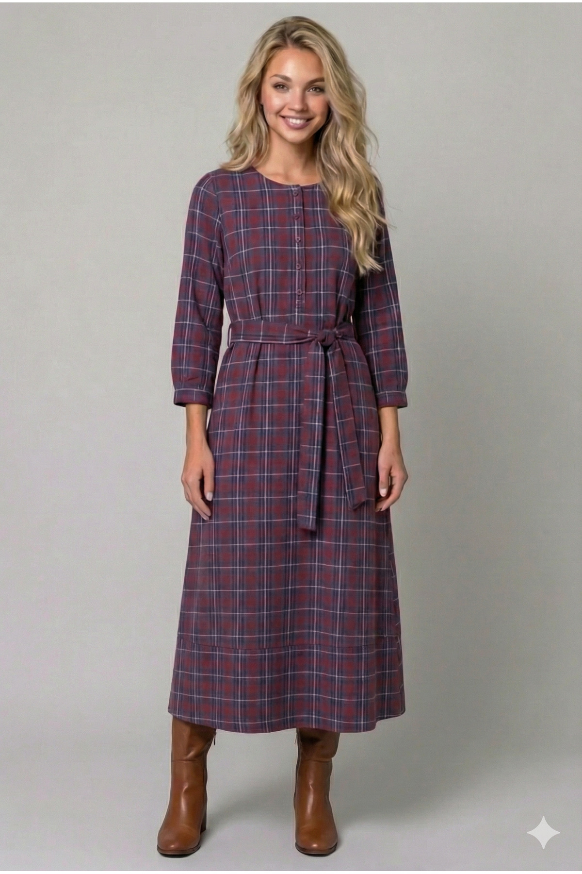 ONZ  Emet Kadın Ekose Desenli Kuşaklı Uzun Kollu Midi Boy Mevsimlik Elbise Ofis Günlük Rahat Kesim - Görsel 2