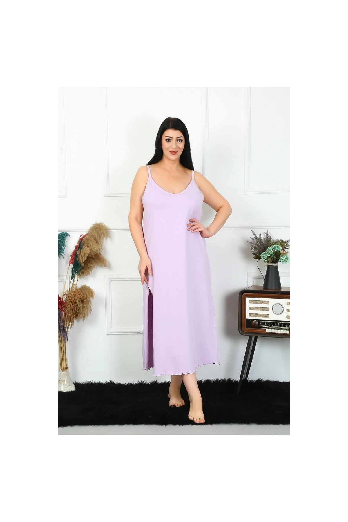 Narnuga MİRAY- Kadın Büyük Beden İp Askılı Pamuklu Lila Uzun Gecelik