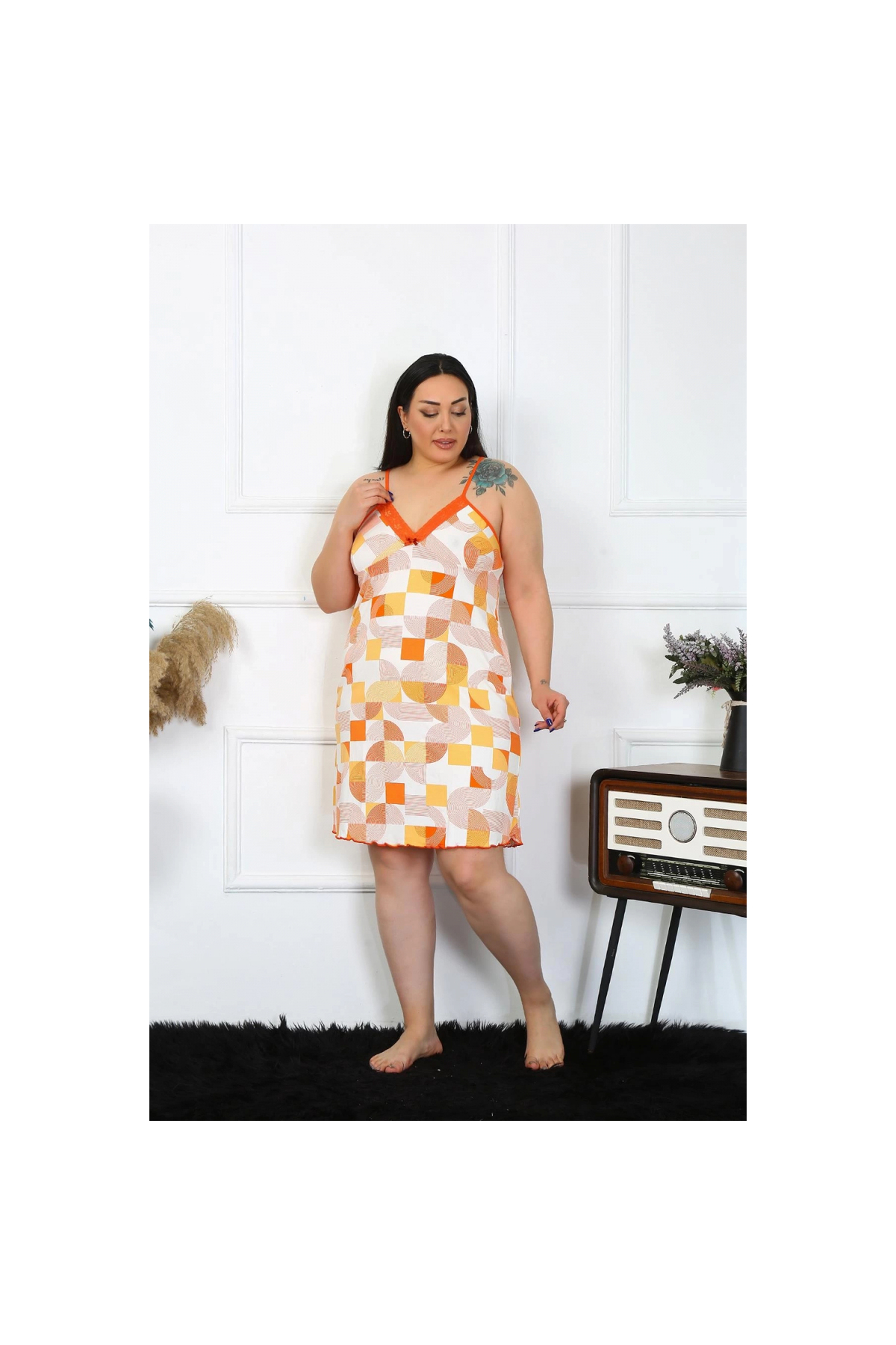 Narnuga MİRAY- Kadın Pamuklu İp Askılı Büyük Beden Gecelik Sarı