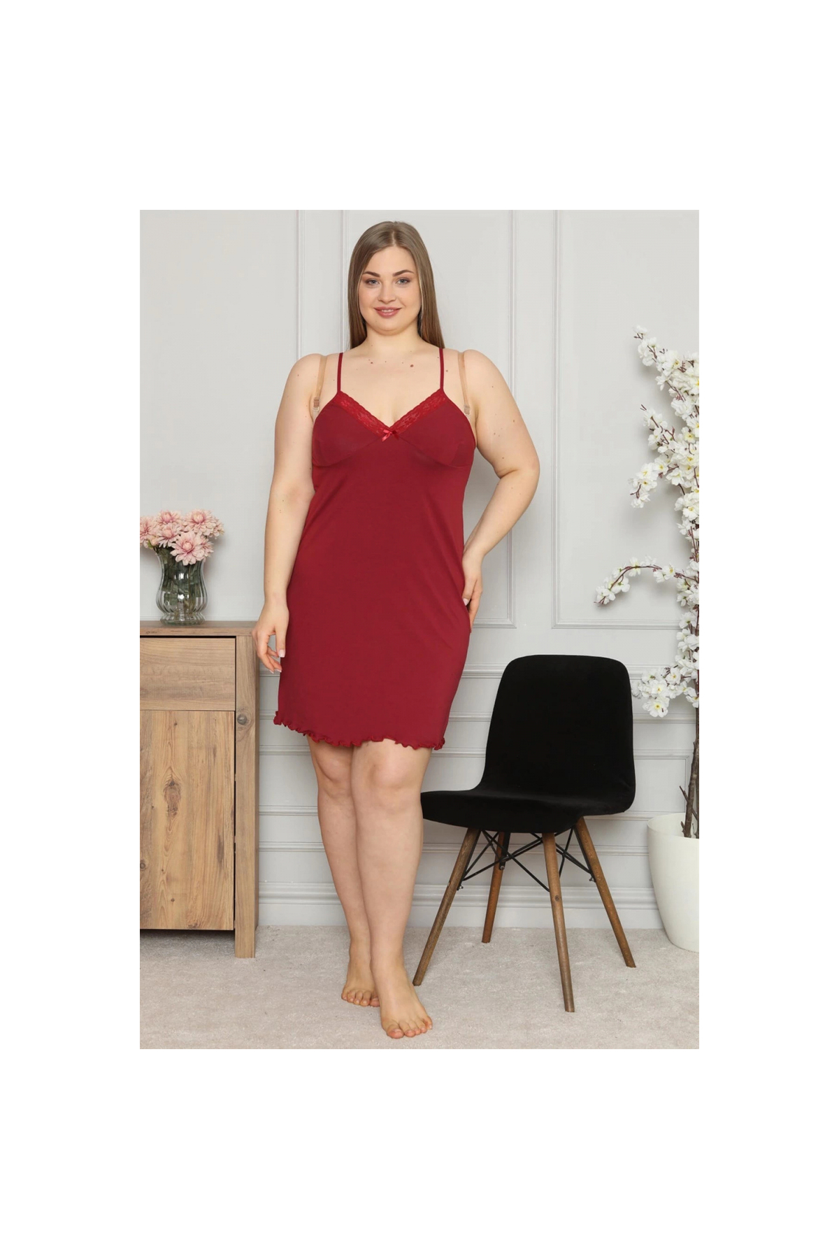 Narnuga MİRAY- Kadın Pamuklu İp Askılı Büyük Beden Gecelik Bordo