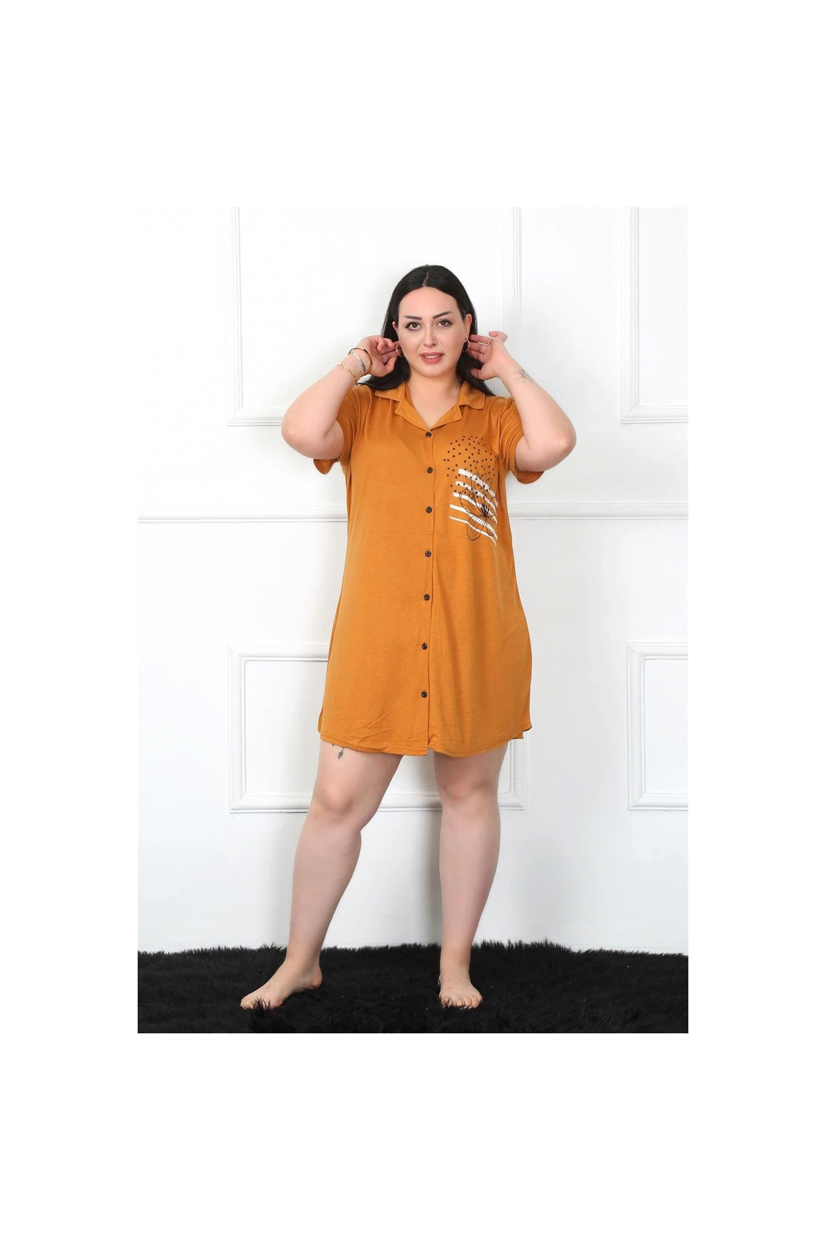 Narnuga MİRAY- Büyük Beden Penye Düğmeli Hardal Tunik Gecelik