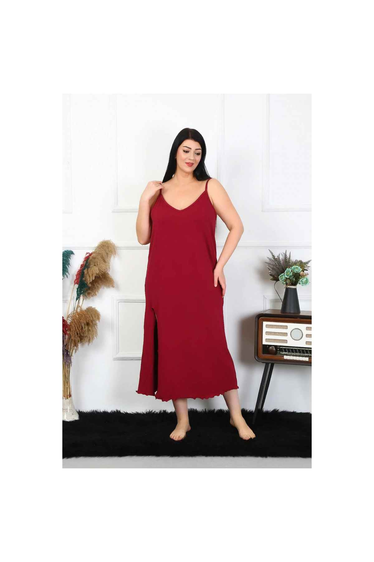 Narnuga MİRAY- Kadın Büyük Beden İp Askılı Pamuklu Bordo Uzun Gecelik