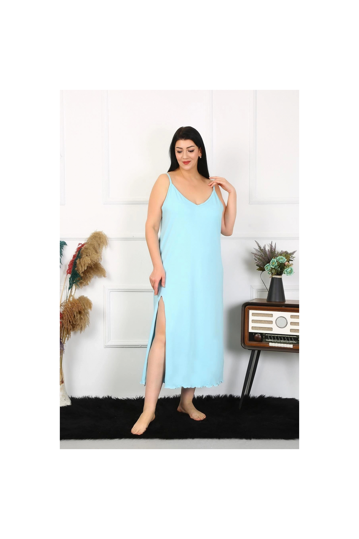 Narnuga MİRAY- Kadın Büyük Beden İp Askılı Pamuklu Mavi Uzun Gecelik