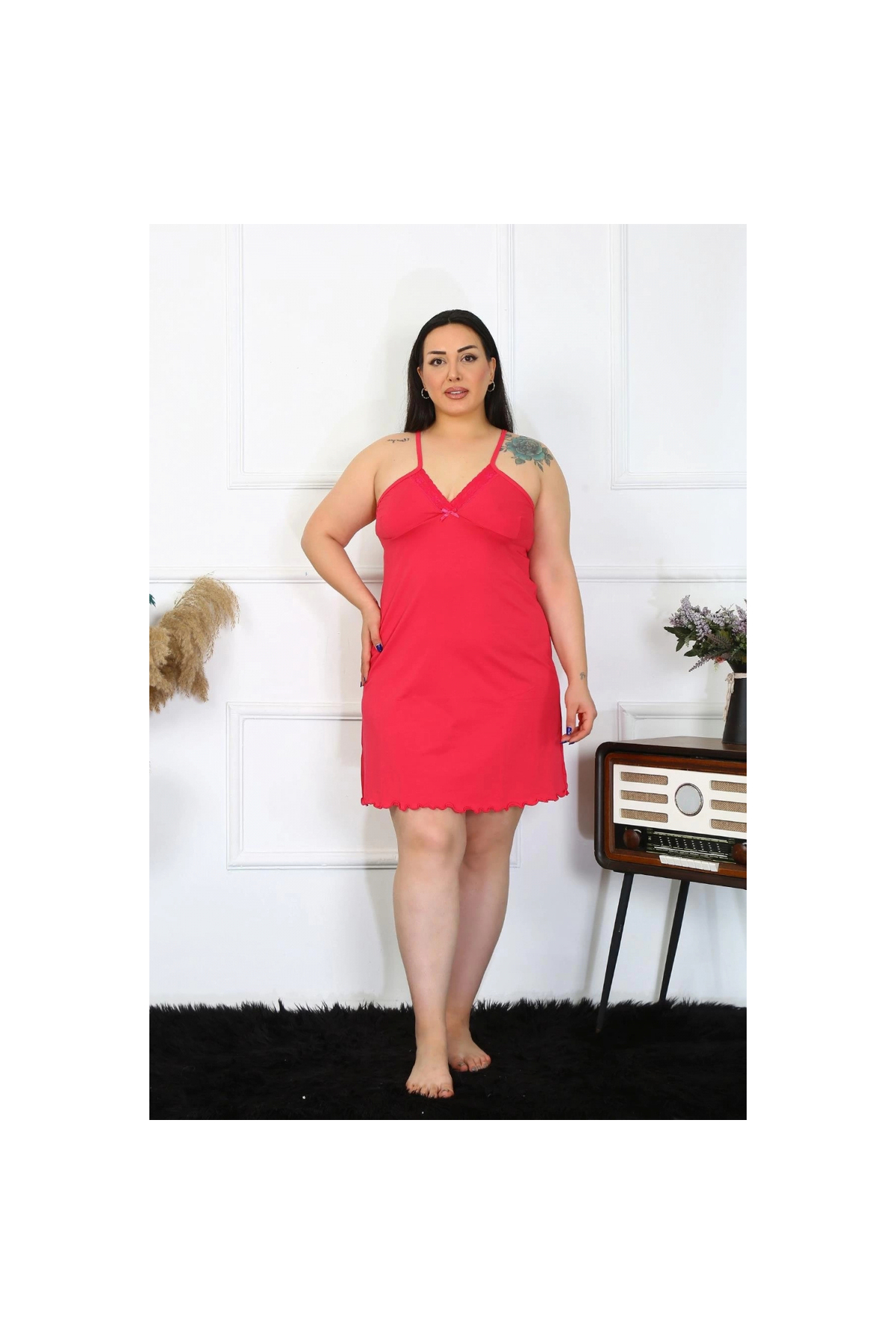 Narnuga MİRAY- Kadın Pamuklu Fuşya İp Askılı Büyük Beden Gecelik