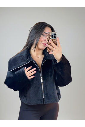 Varacci Boydan Fermuarlı Siyah Kısa Kürk