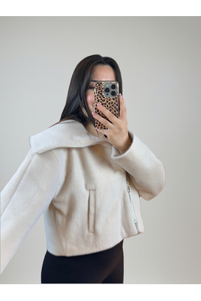 Varacci Boydan Fermuarlı Ekru Kısa Kürk