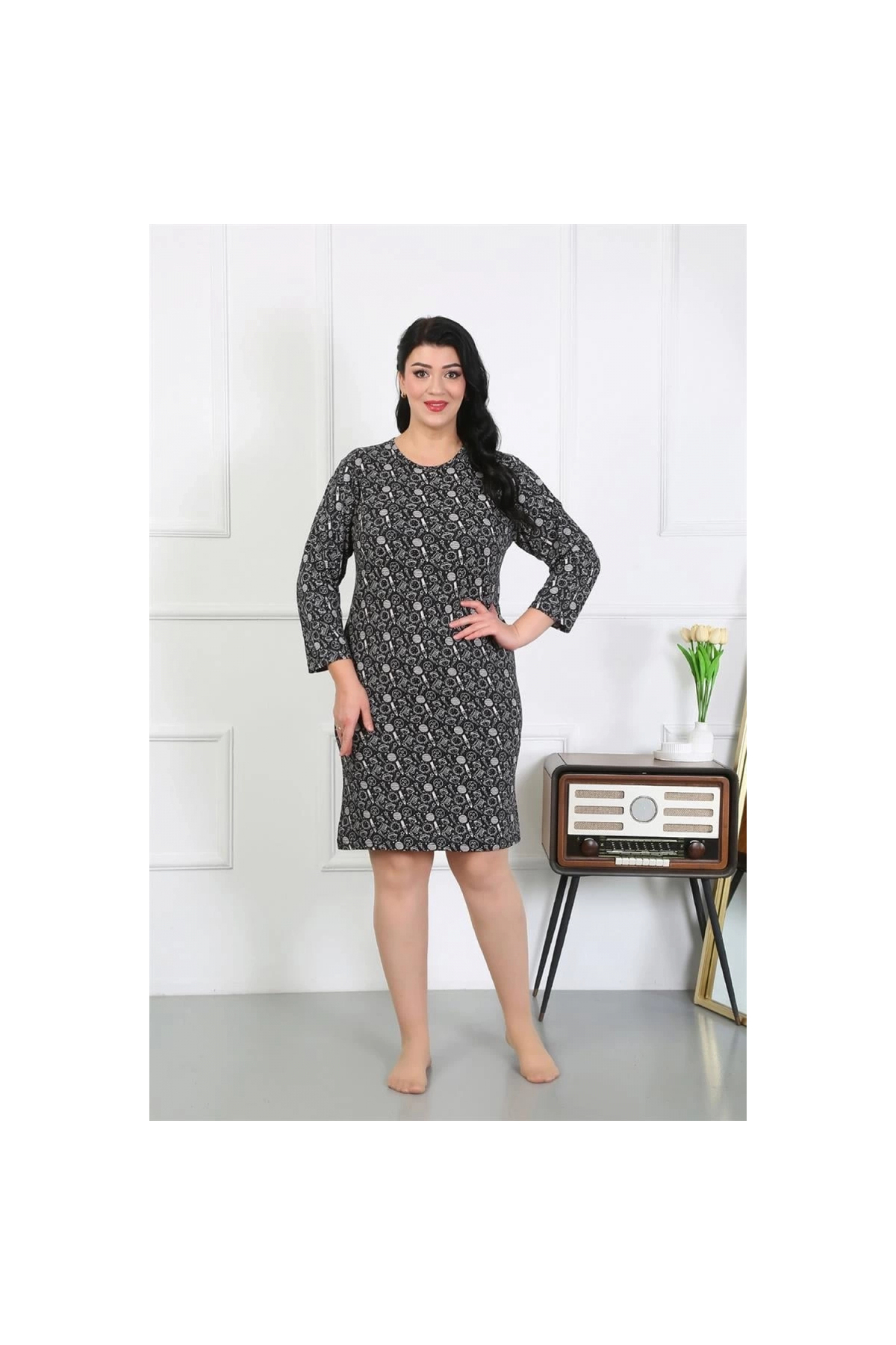 Narnuga MİRAY- Kadın Büyük Beden Penye Gecelik Ev Elbisesi Siyah