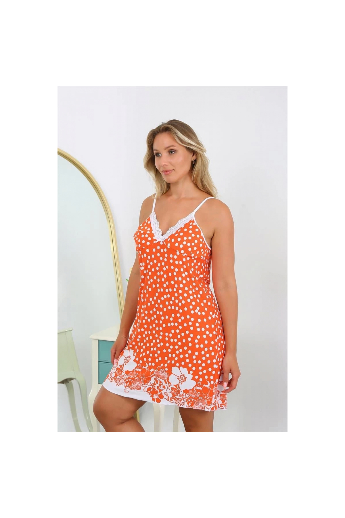 Narnuga MİRAY- Kadın Pamuk Büyük Beden İp Askılı Desenli Gecelik Turuncu