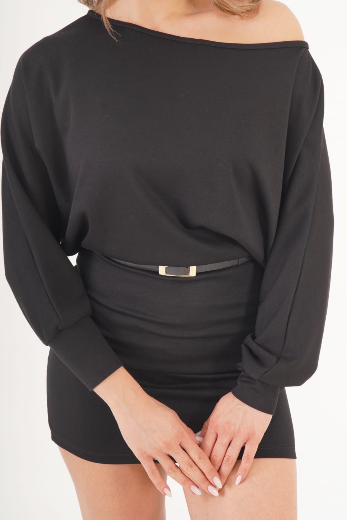 SHERA CLOTHİNG  KADIN SİYAH YAKA KAYIK ELBİSE - Görsel 5