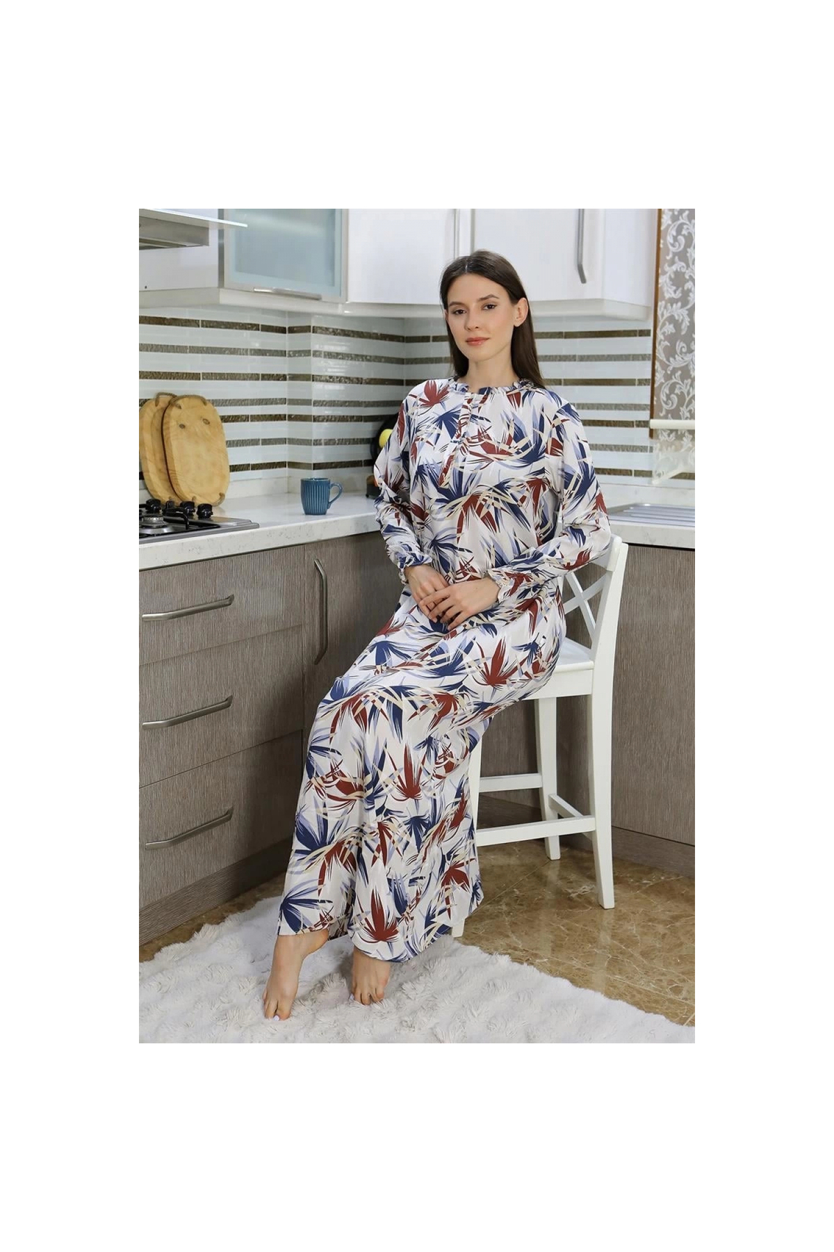 Narnuga MİRAY- Kadın Uzun Kol Penye Gecelik Ev Elbisesi Krem