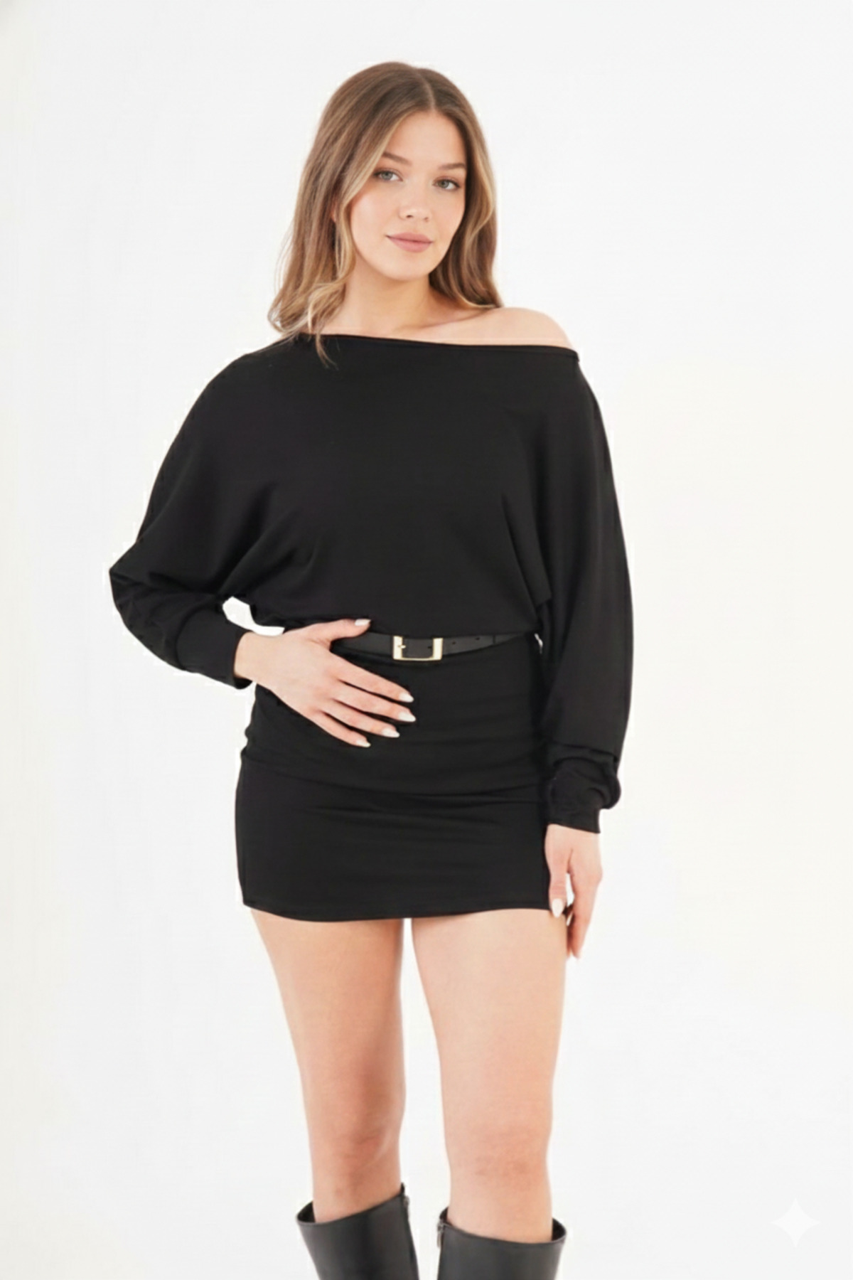 SHERA CLOTHİNG  KADIN SİYAH YAKA KAYIK ELBİSE - Görsel 3