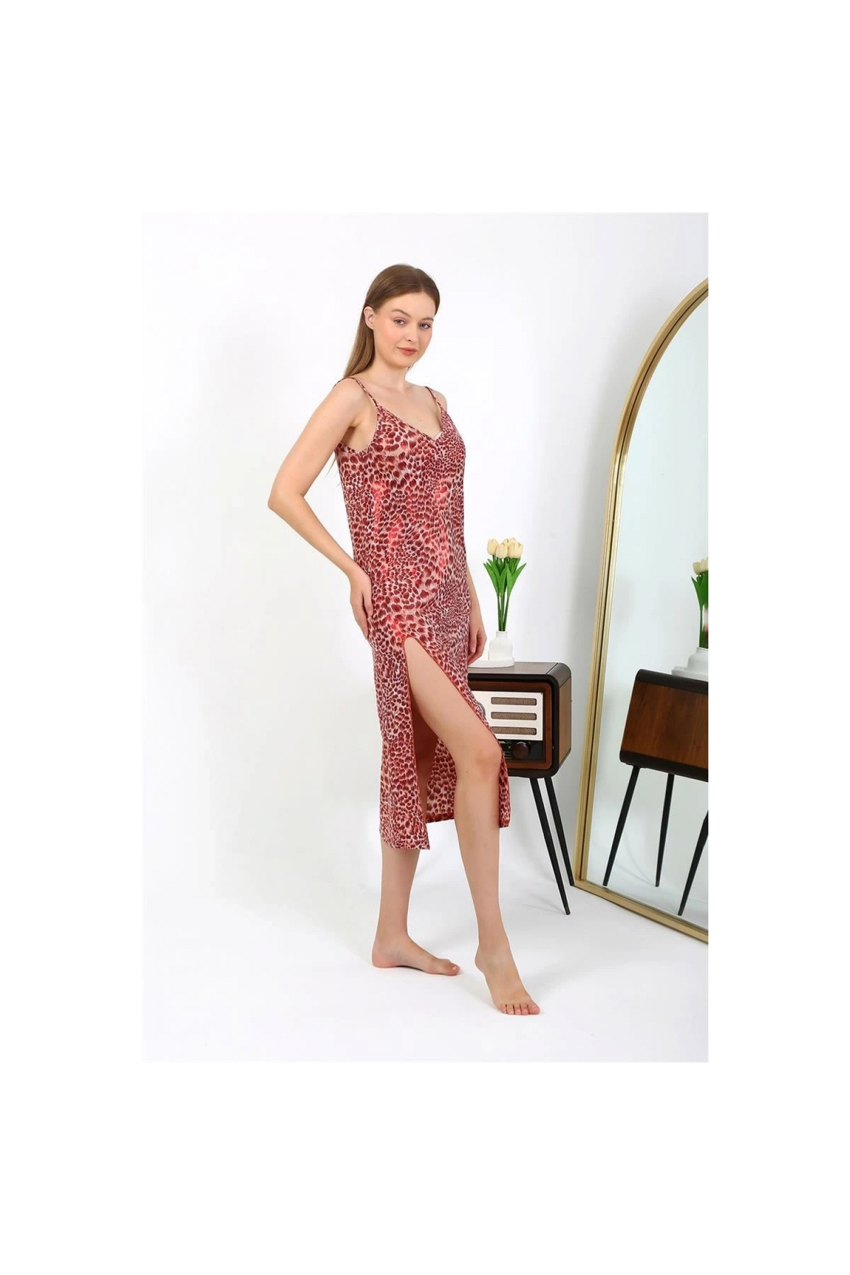 Narnuga MİRAY- Kadın İp Askılı Uzun Parlak Micro Elbise Gecelik Kırmızı