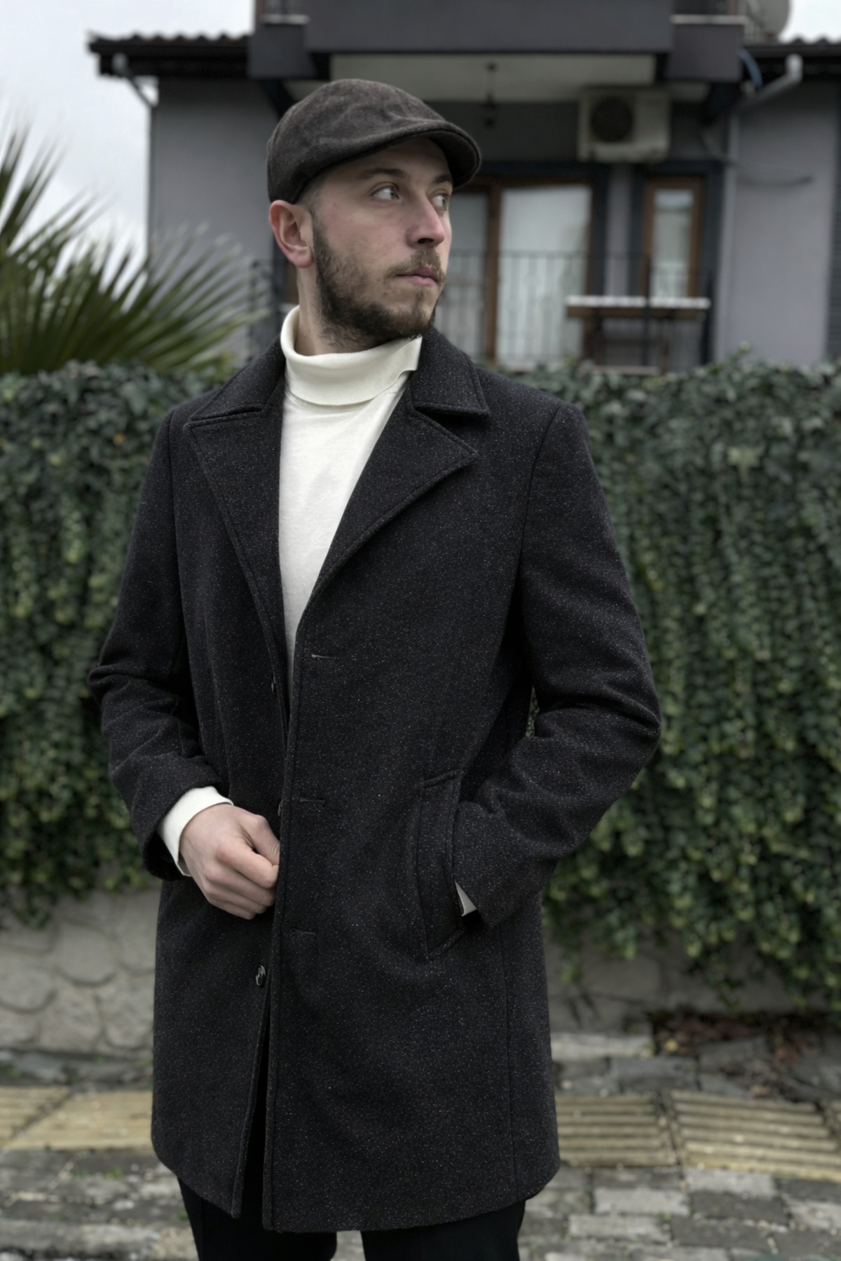 Regular Fit Yıldızlı Siyah Kruvaze Yaka Kaşe Kaban Palto — مشکی 1377-34 — تصویر 5 از 8