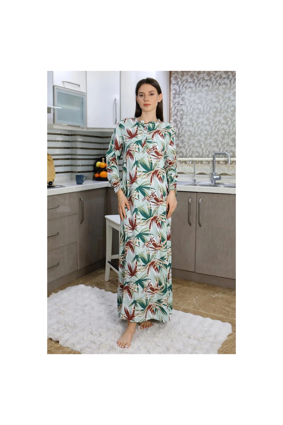 Narnuga MİRAY- Kadın Uzun Kol Penye Gecelik Ev Elbisesi Yeşil