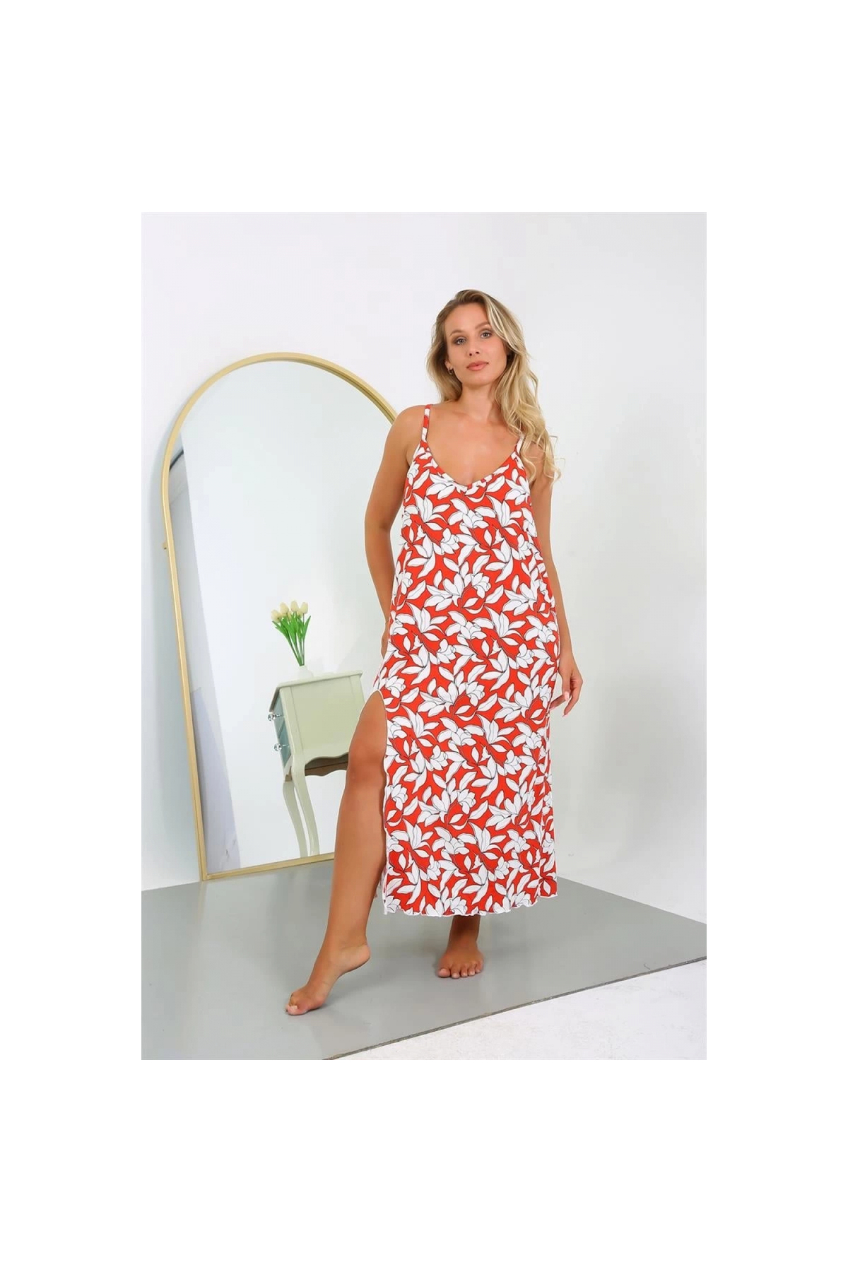 Narnuga MİRAY- Kadın Büyük Beden İp Askılı Pamuklu Uzun Gecelik