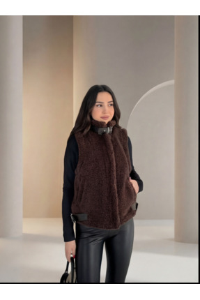 Modeva Global Kemerli Dik Yaka Kahverengi Buklet Peluş Yelek