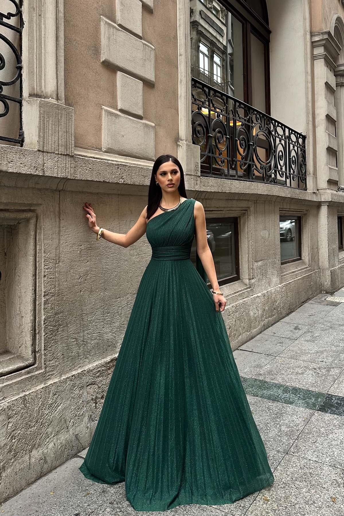 Women's Emerald Green One Shoulder Long Evening Dress | Special Occasion & Invitation Dress MLB110