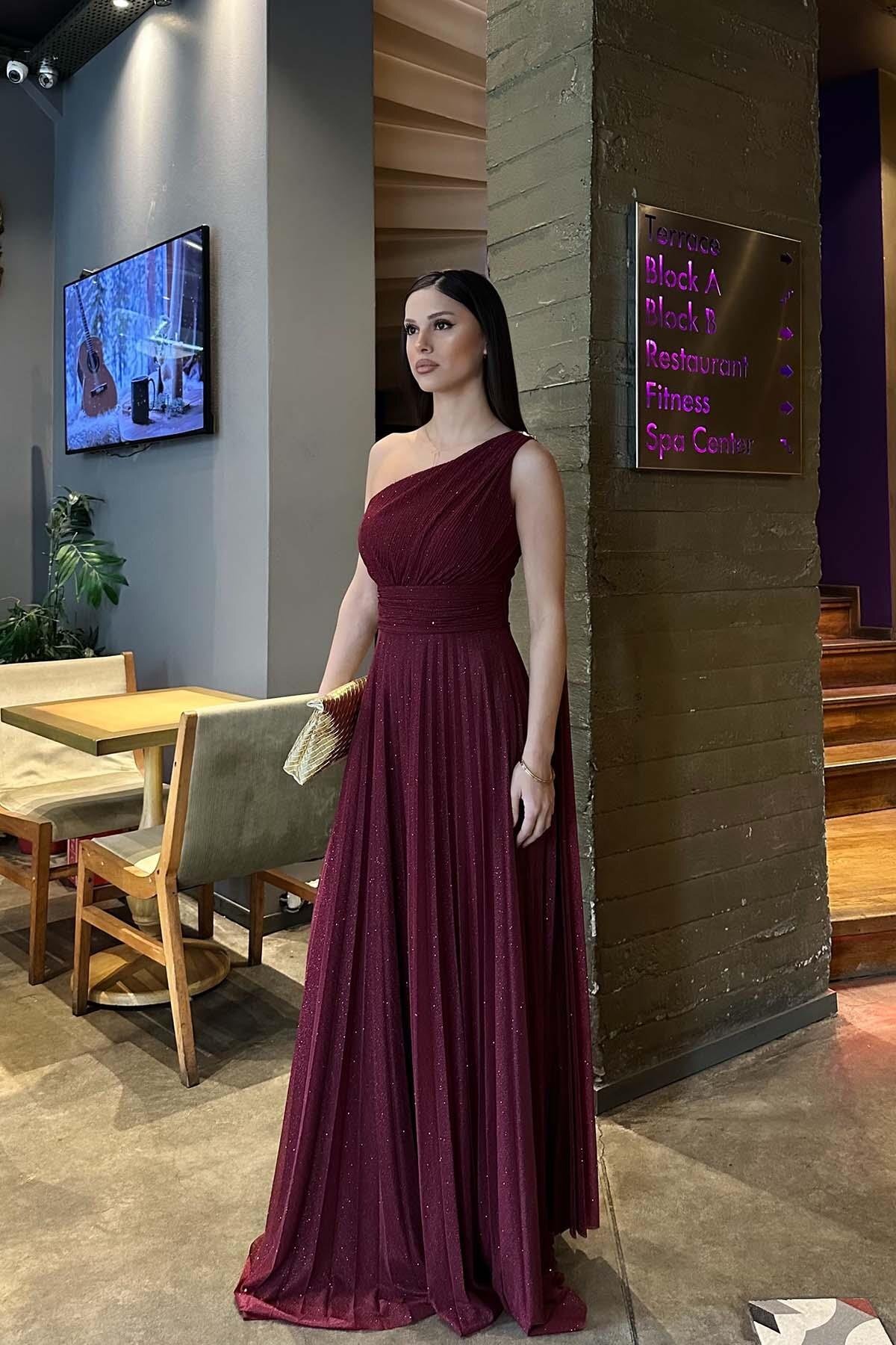 Women's Claret Red One Shoulder Long Evening Dress | Special Occasion & Invitation Dress MLB110