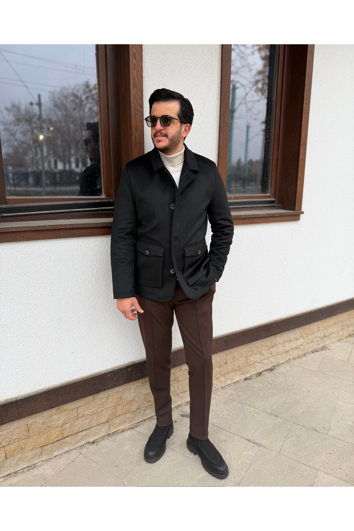 Erkek Fermuarlı & Düğmeli Siyah Kaşe Mont — مشکی 01463 — تصویر 4 از 8
