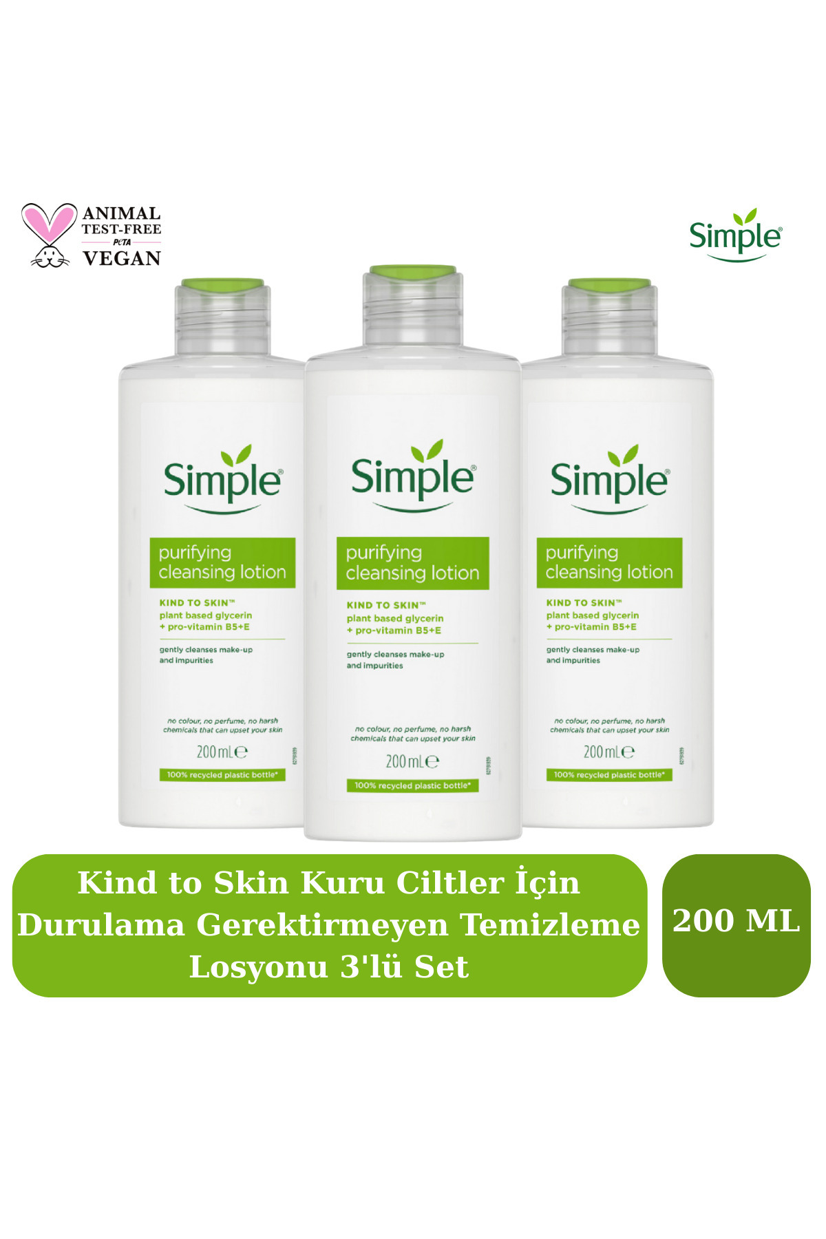 Simple Kind to Skin Kuru Ciltler İçin Durulama Gerektirmeyen Temizleme Losyonu 200 ML 3'lü Set