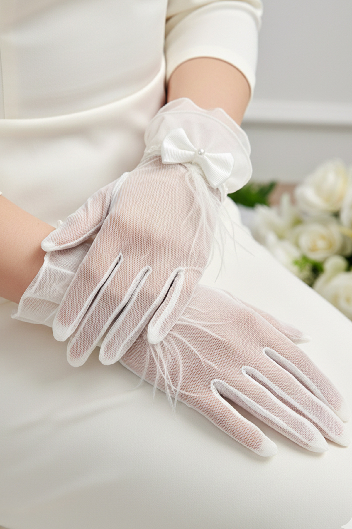 Limelia  Fırfır Detaylı Transparan Gelin Eldiveni - Nervürlü Tül Kumaş Şık Nikah Aksesuarı - Görsel 3