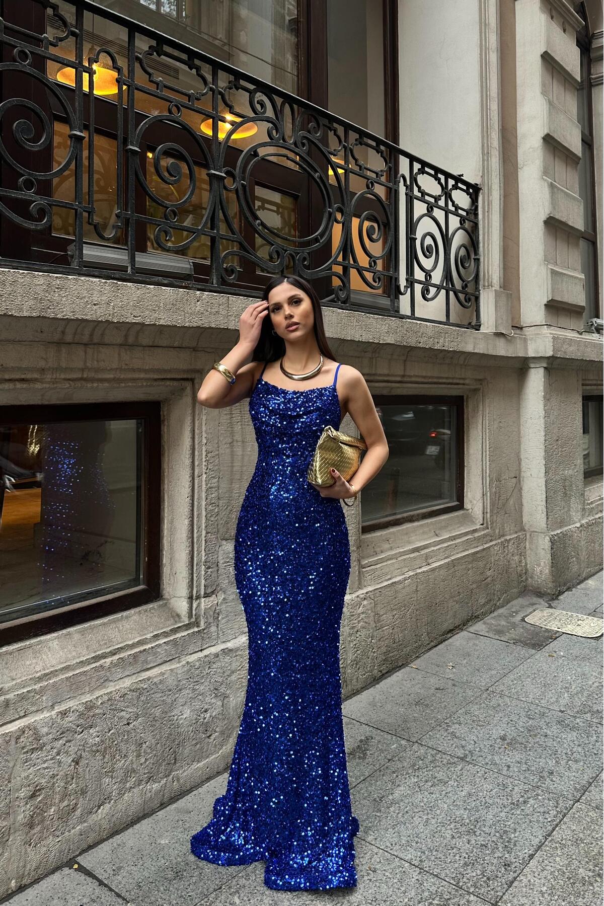 Women's Long Sequined Evening Dress with Saxe Blue Strap | Stylish & Shimmering MLB119