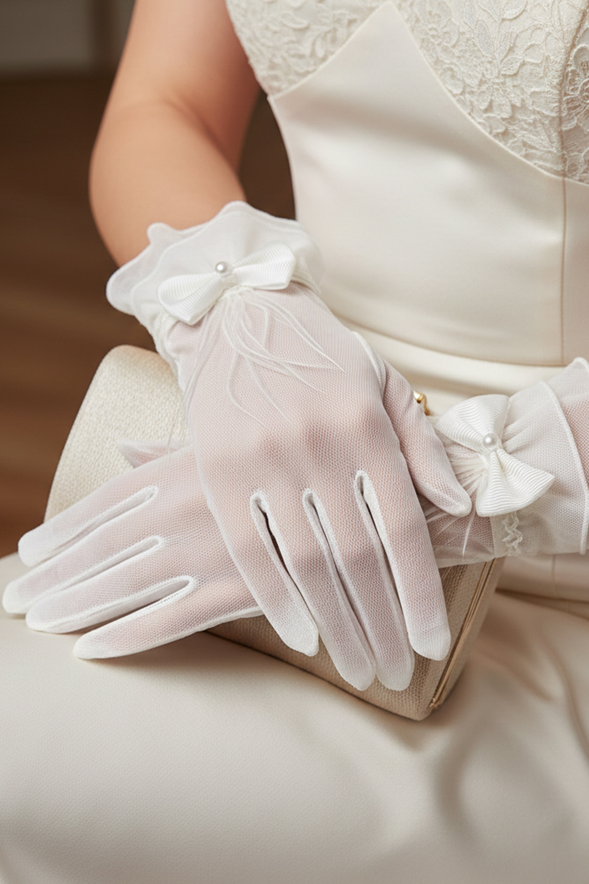 Limelia  Fırfır Detaylı Transparan Gelin Eldiveni - Nervürlü Tül Kumaş Şık Nikah Aksesuarı - Görsel 2