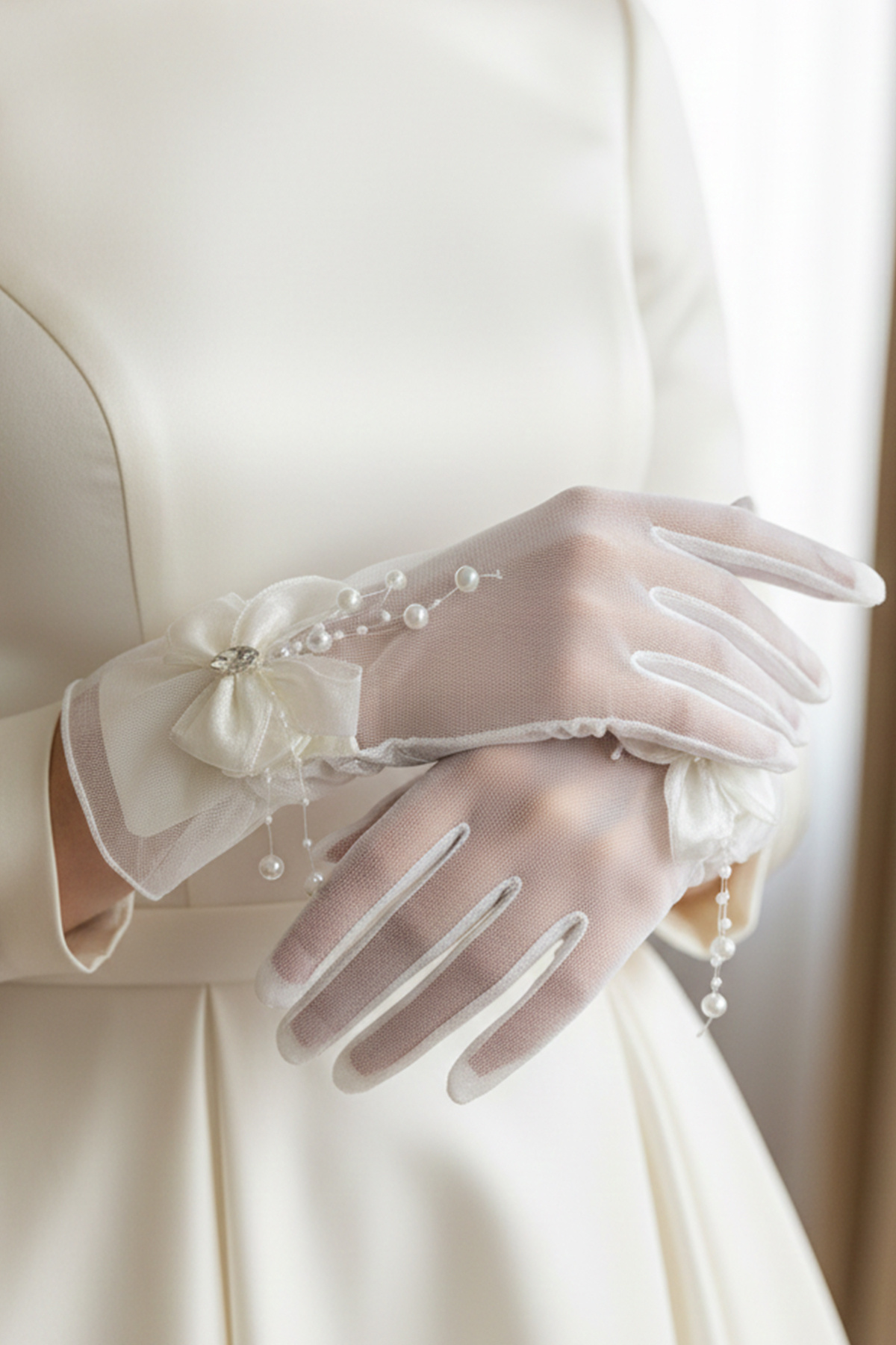 Limelia  Hayal Tül Gelin Eldiveni - İnci Dalı ve Kristal Taşlı Fiyonk Detaylı Nikah Eldiveni