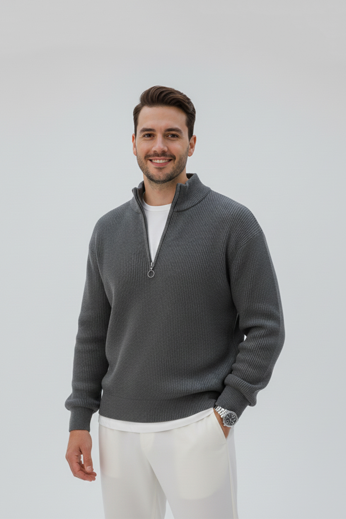 beuivo  Erkek Siyah-Füme 2'li Yarım Fermuarlı Dik Yaka Sweatshirt Selanik Örme Triko Kazak - Görsel 3