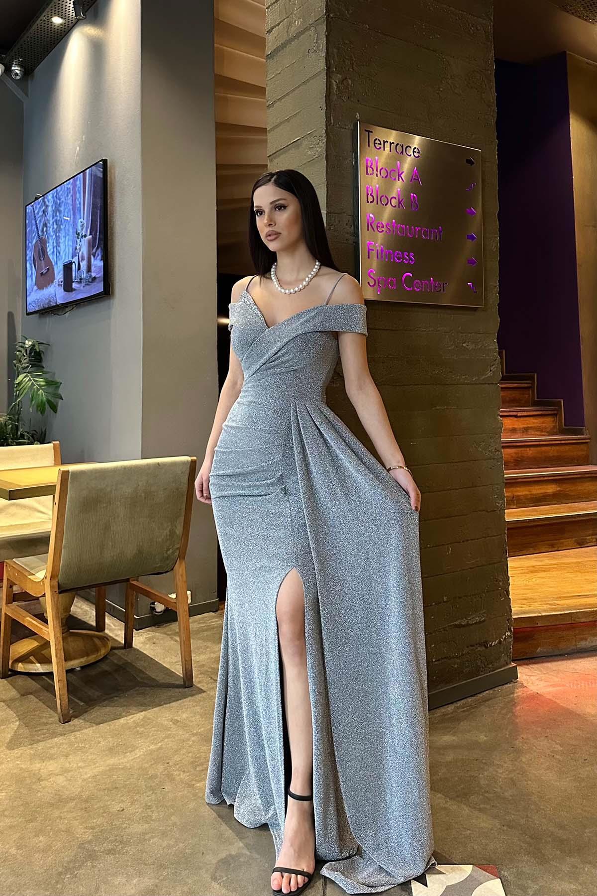 Women's Gray Stone and Shoulder Detailed Sparkly Stylish Invitation Dress MLB117